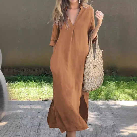 half-sleeve linen maxi dress