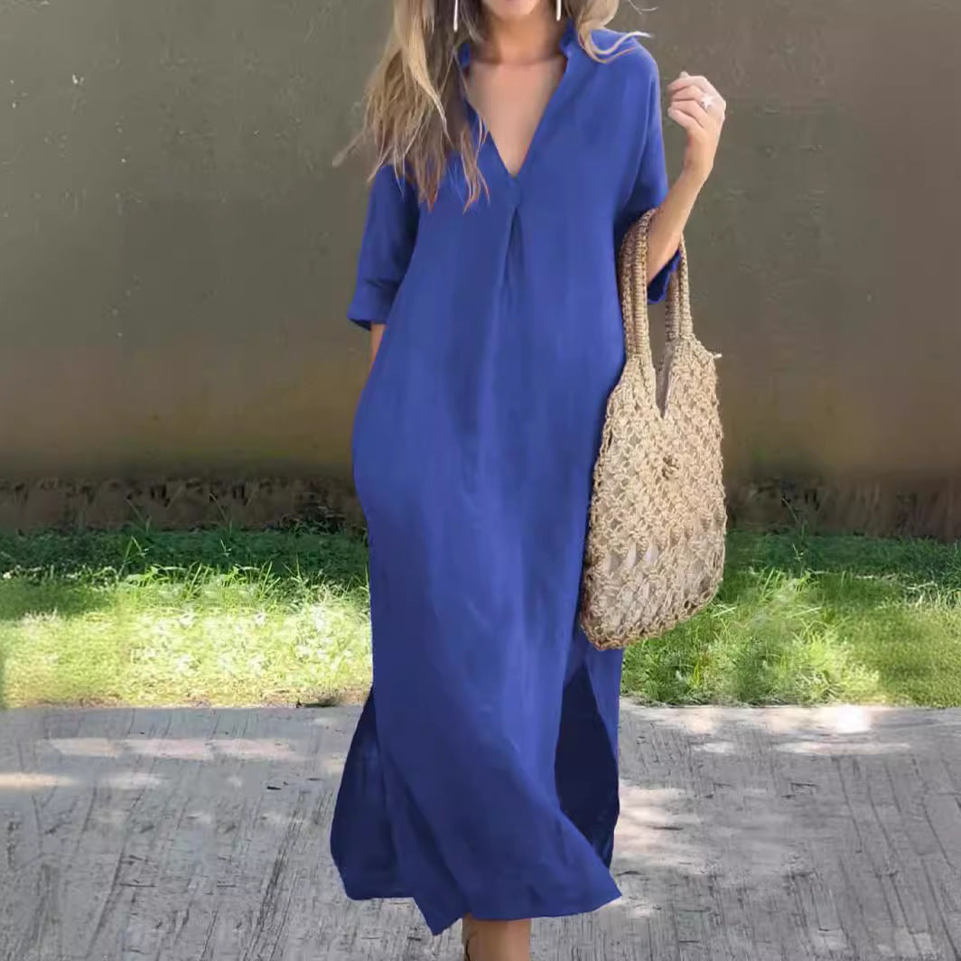 half-sleeve linen maxi dress