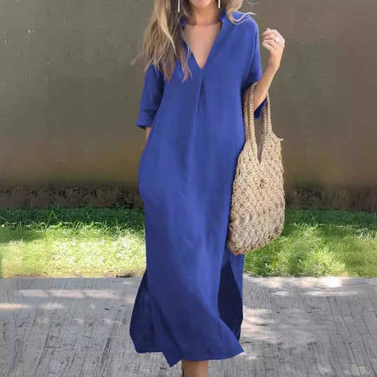 half-sleeve linen maxi dress