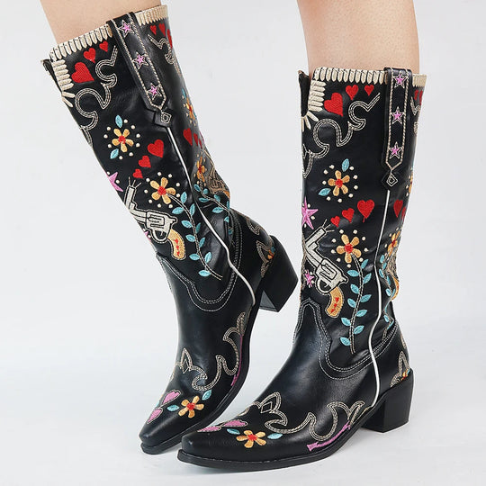 Retro Cowgirl-Stiefel mit Stickerei