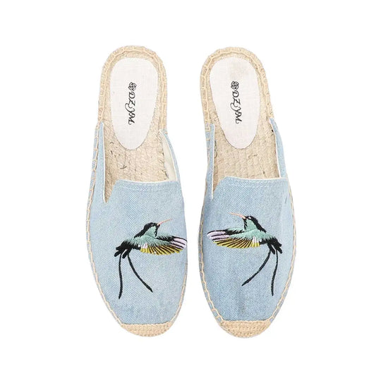 denim mules with floral embroidery 