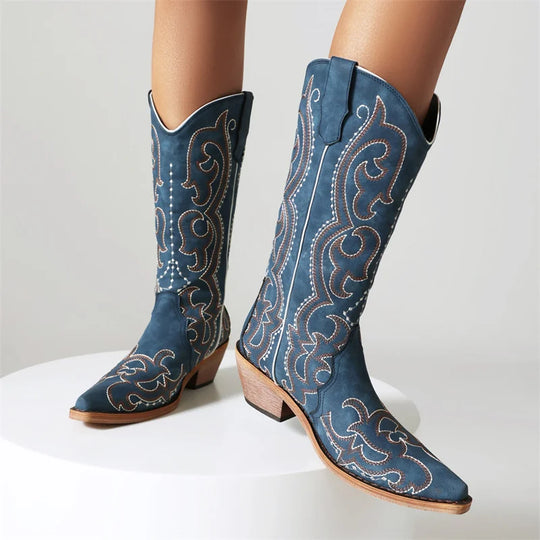 cowgirl boots made of embroidered denim