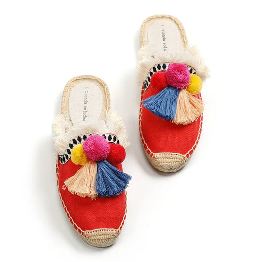 Espadrille-Mules mit flauschigem Ball