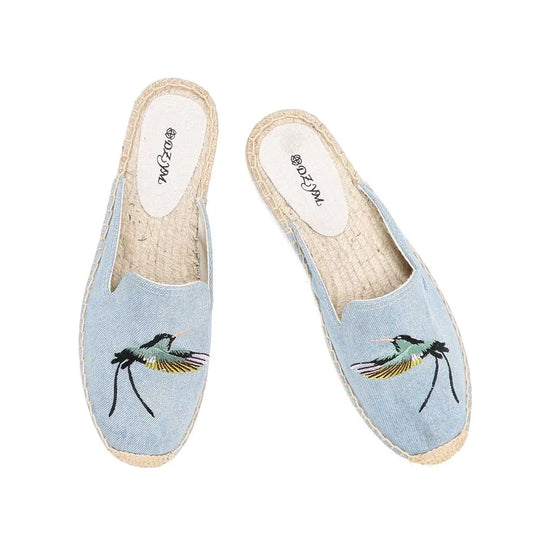 denim mules with floral embroidery 