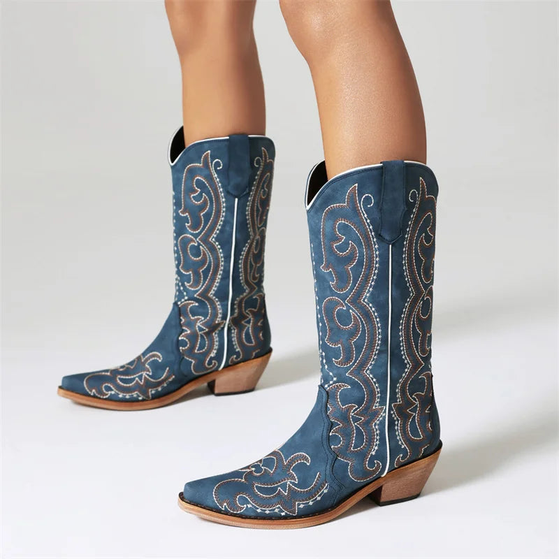 cowgirl boots made of embroidered denim