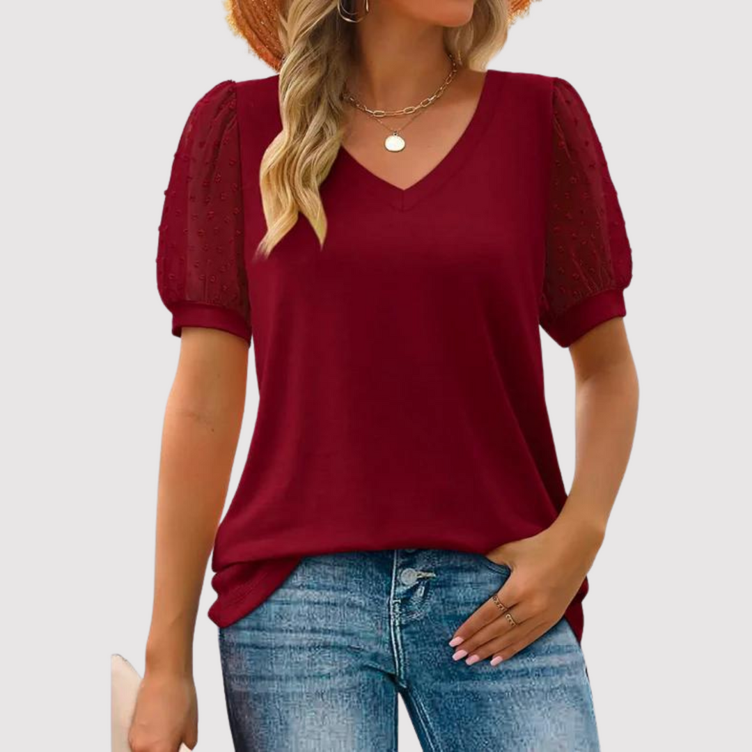 Women's blouse with V-neck and mesh sleeves