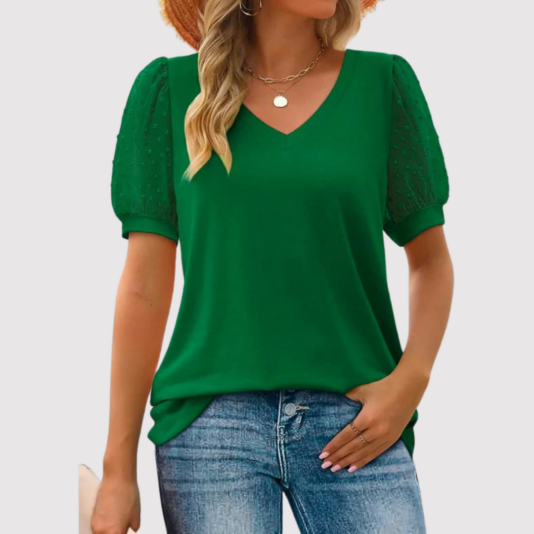 Women's blouse with V-neck and mesh sleeves