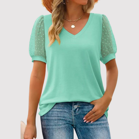 Women's blouse with V-neck and mesh sleeves