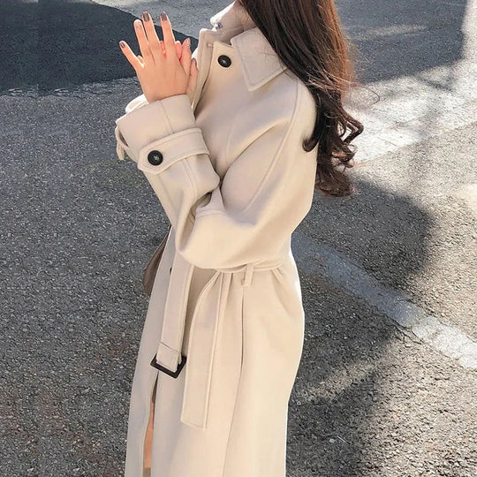 Elegant long coat with belt for women