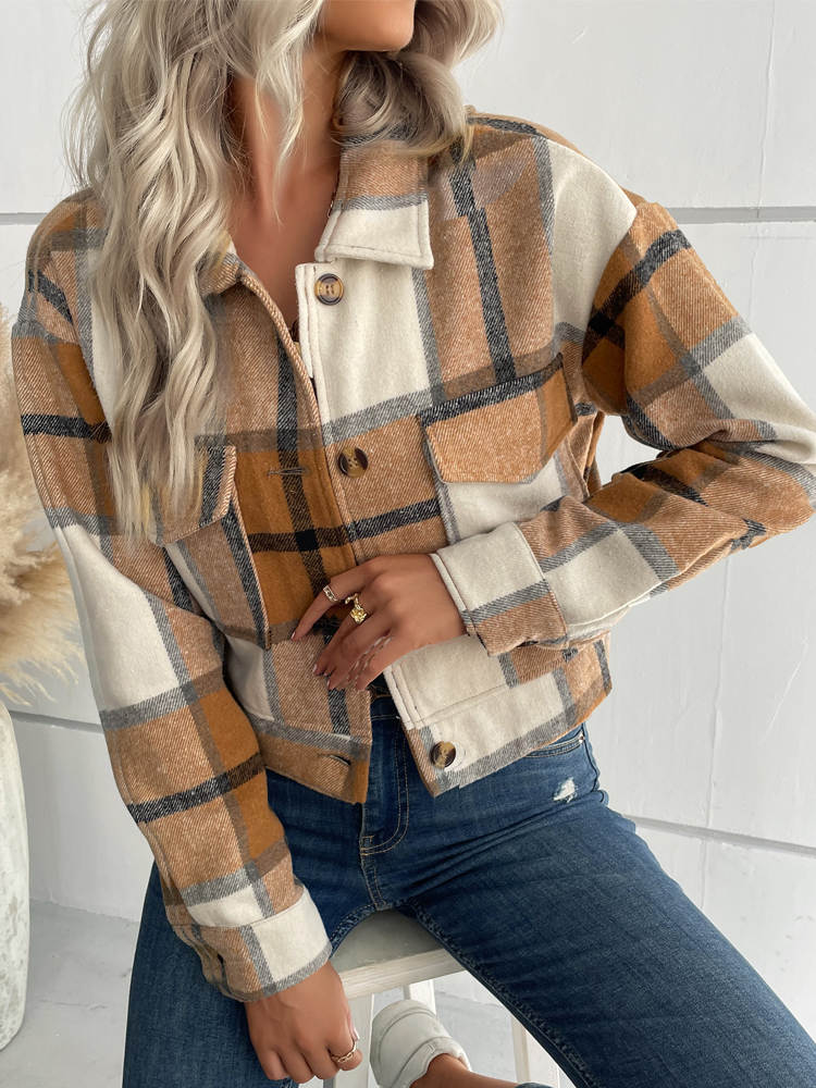 Plaid Jacket with Flap Pocket for Women