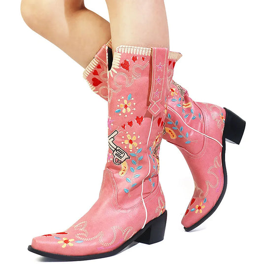 Retro Cowgirl-Stiefel mit Stickerei