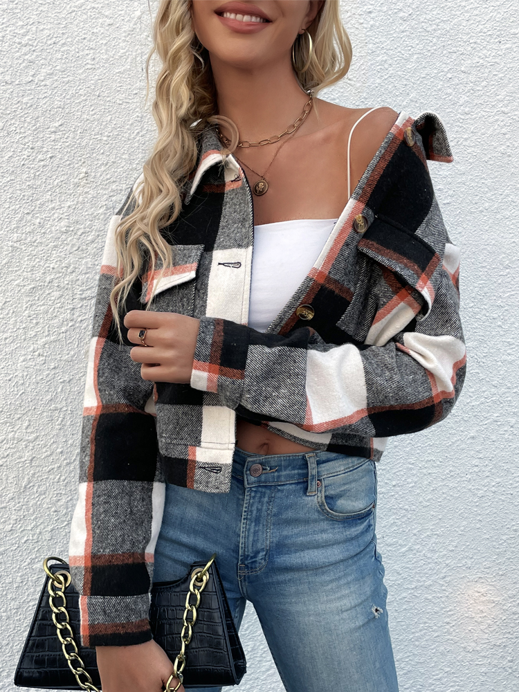 Plaid Jacket with Flap Pocket for Women