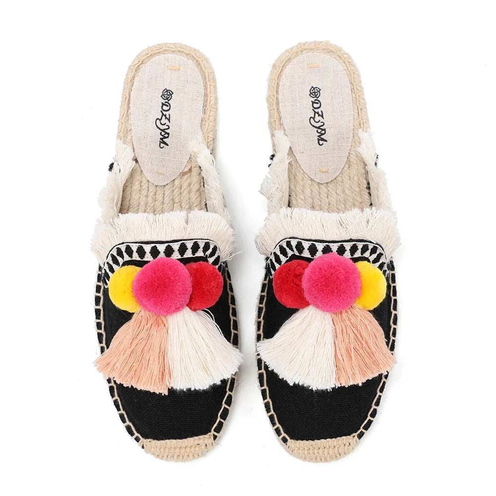 Espadrille-Mules mit flauschigem Ball