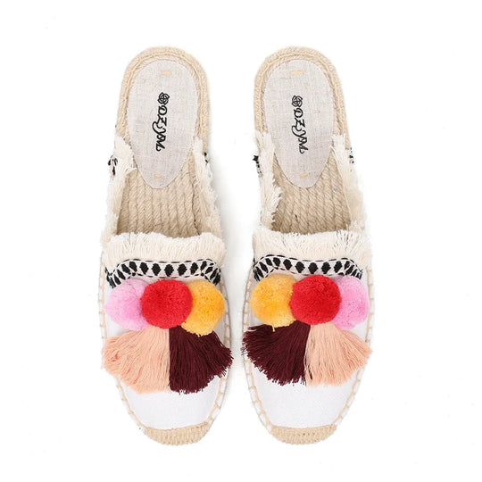 Espadrille-Mules mit flauschigem Ball