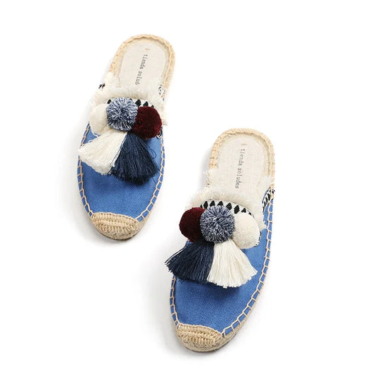 Espadrille-Mules mit flauschigem Ball