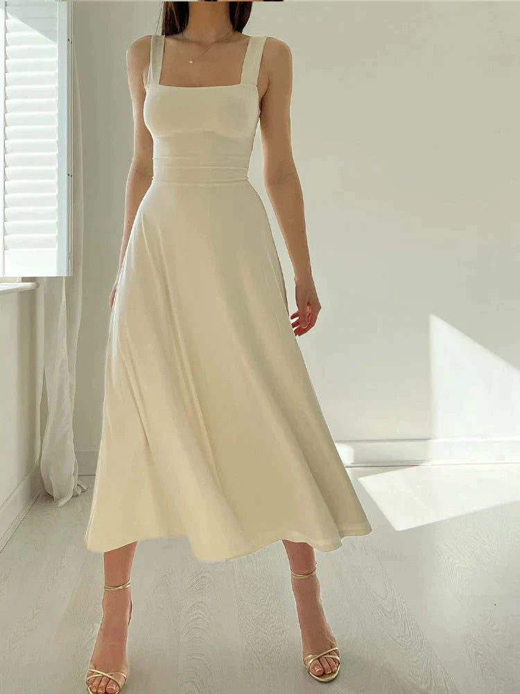 Classic linen dress with square neckline