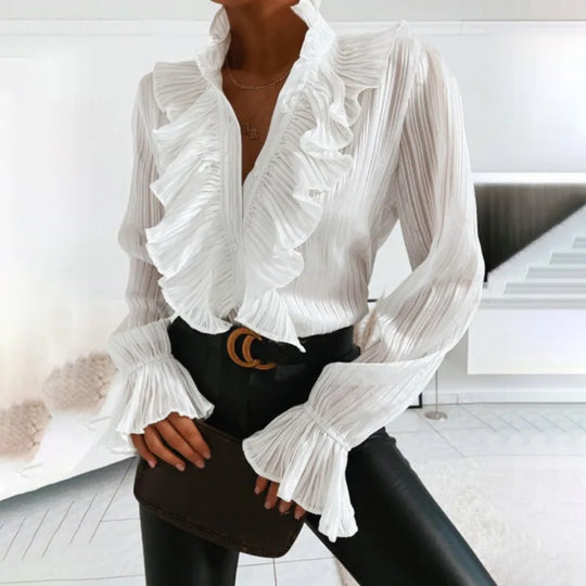 Chiffon blouse with V-neck and pleats