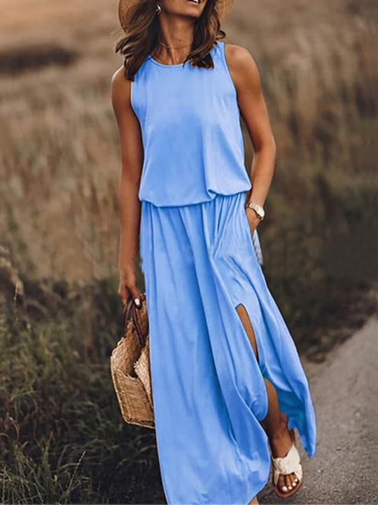 Sleeveless maxi dress with high slit