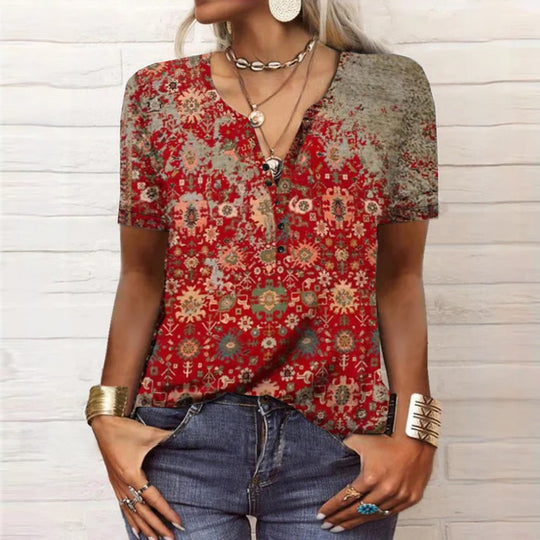 Women's Floral V-Neck Short Sleeve Blouse