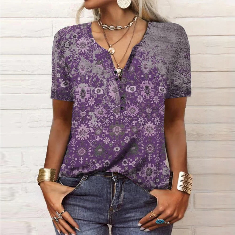 Women's Floral V-Neck Short Sleeve Blouse