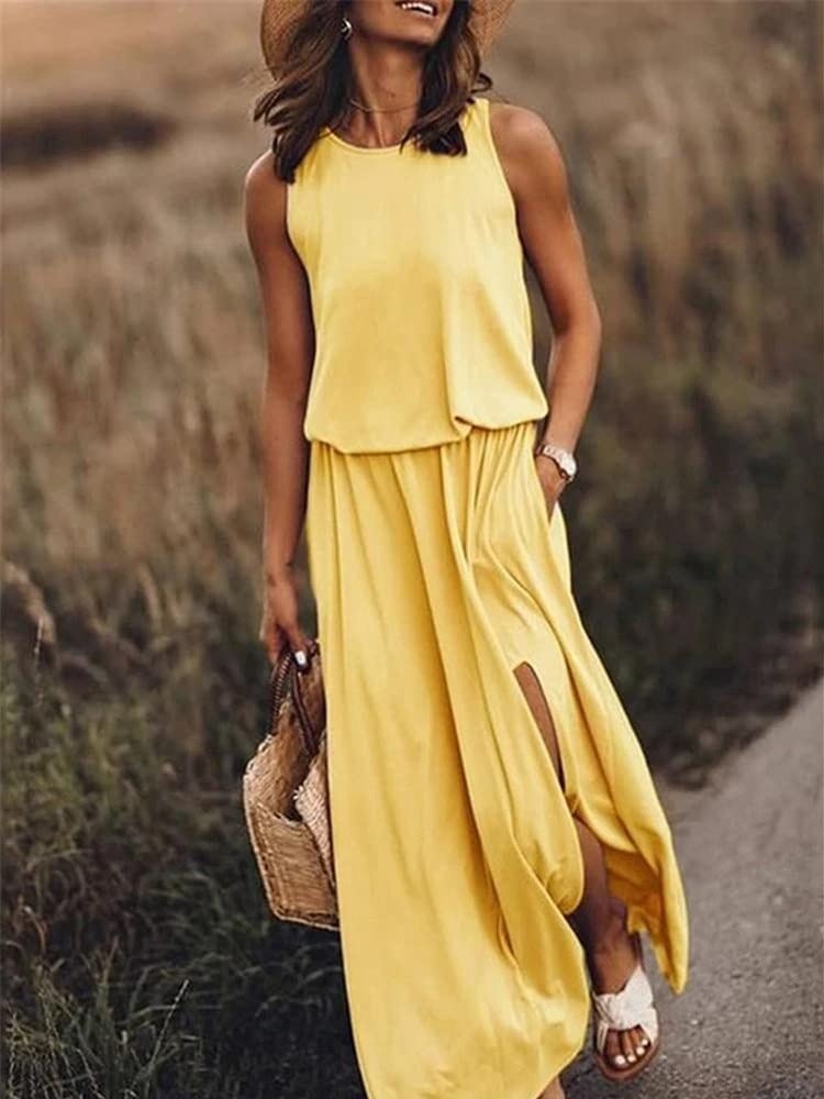 Sleeveless maxi dress with high slit