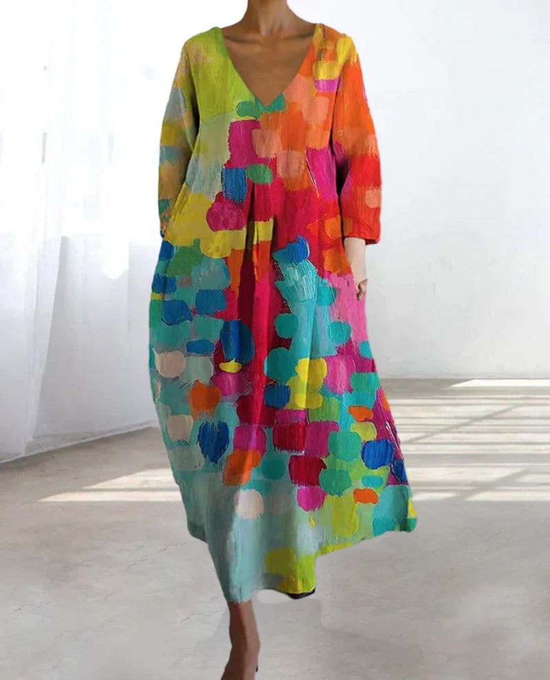 Colorful Printed V-Neck Dress for Women