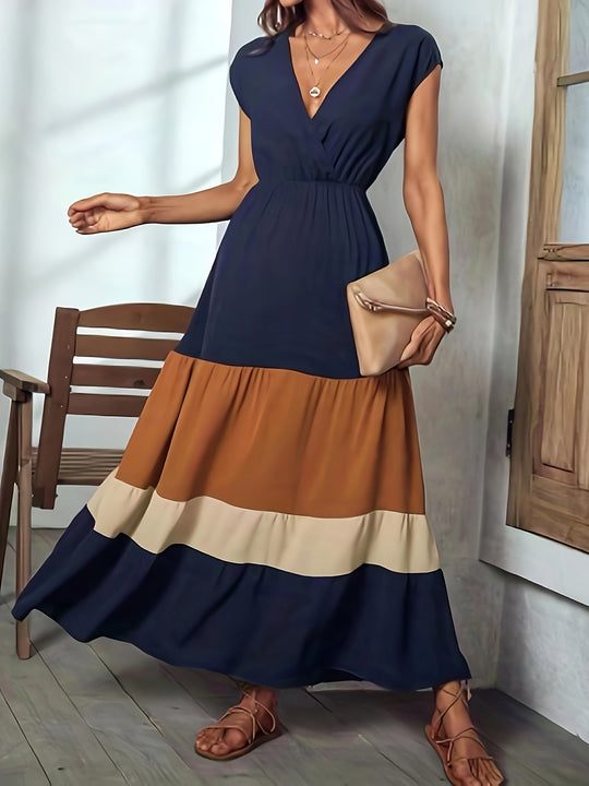 Elegant color block maxi dress with wrap neckline