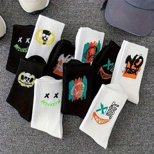 Men's Trendy Cartoon Graffiti Pattern Crew Socks (3/5/10 Pairs)