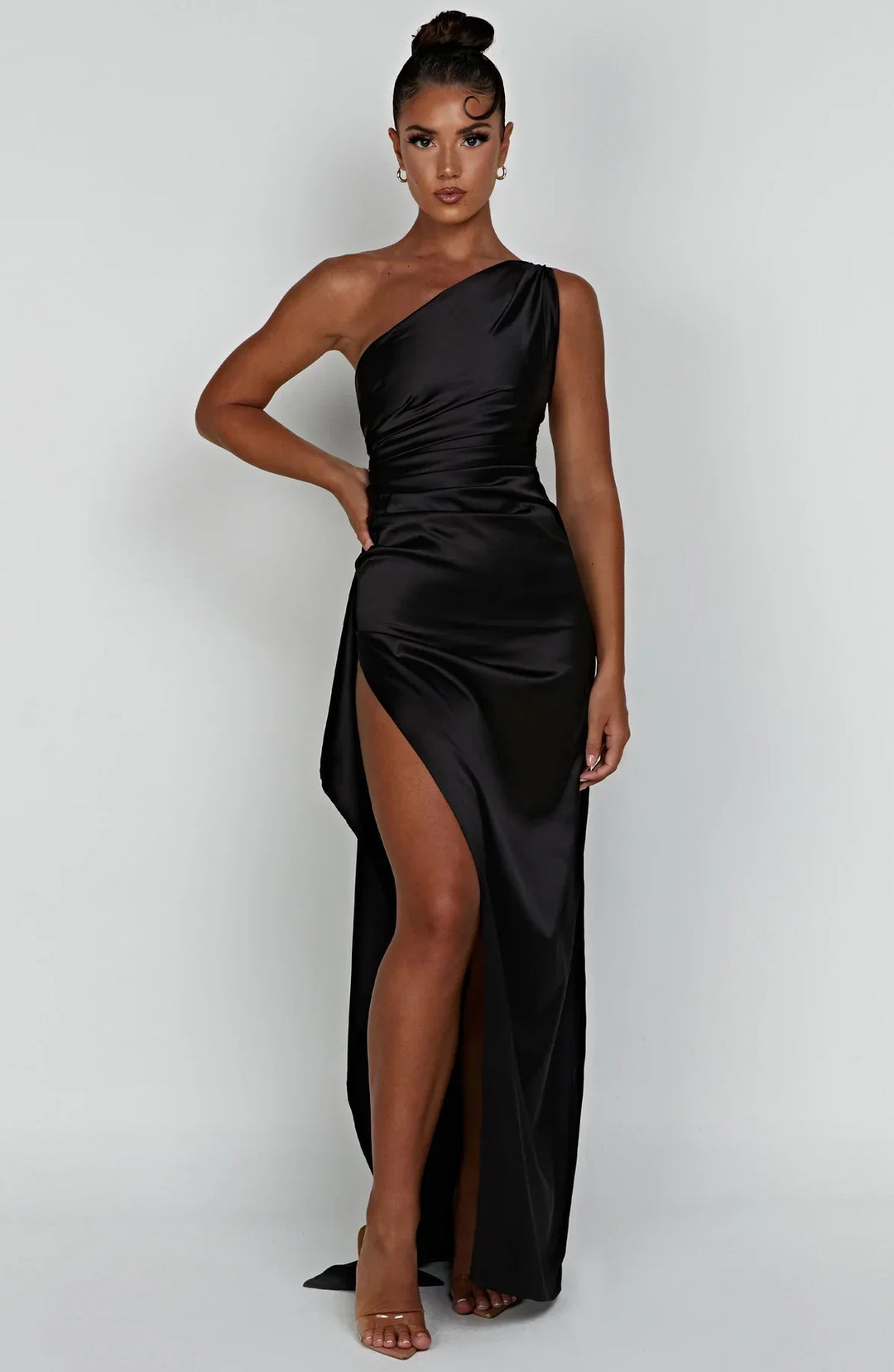 one-shoulder pleated satin dress