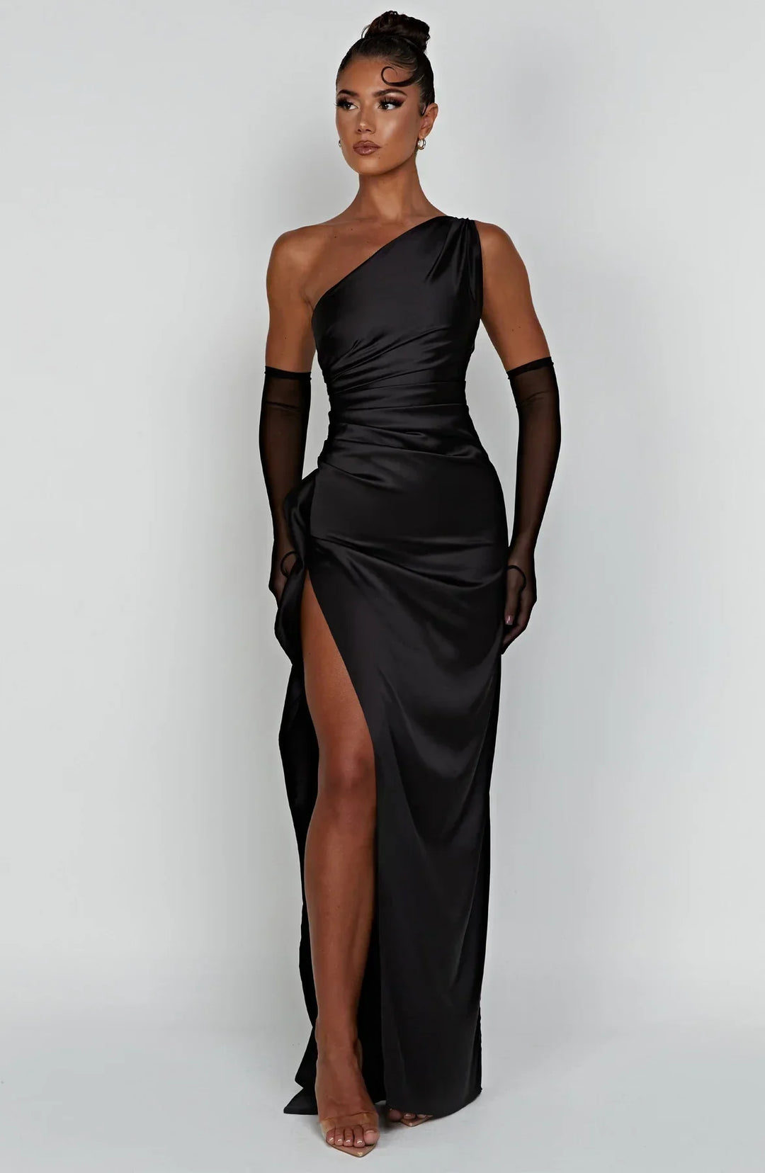 one-shoulder pleated satin dress