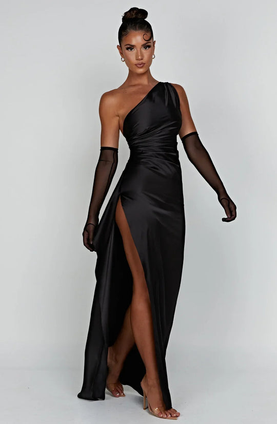 one-shoulder pleated satin dress