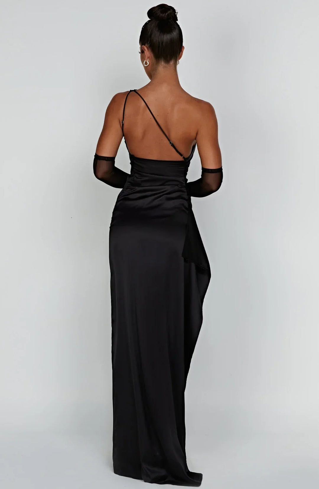 one-shoulder pleated satin dress