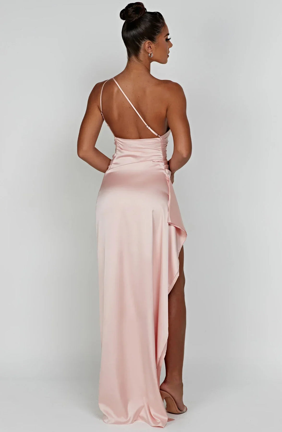 one-shoulder pleated satin dress