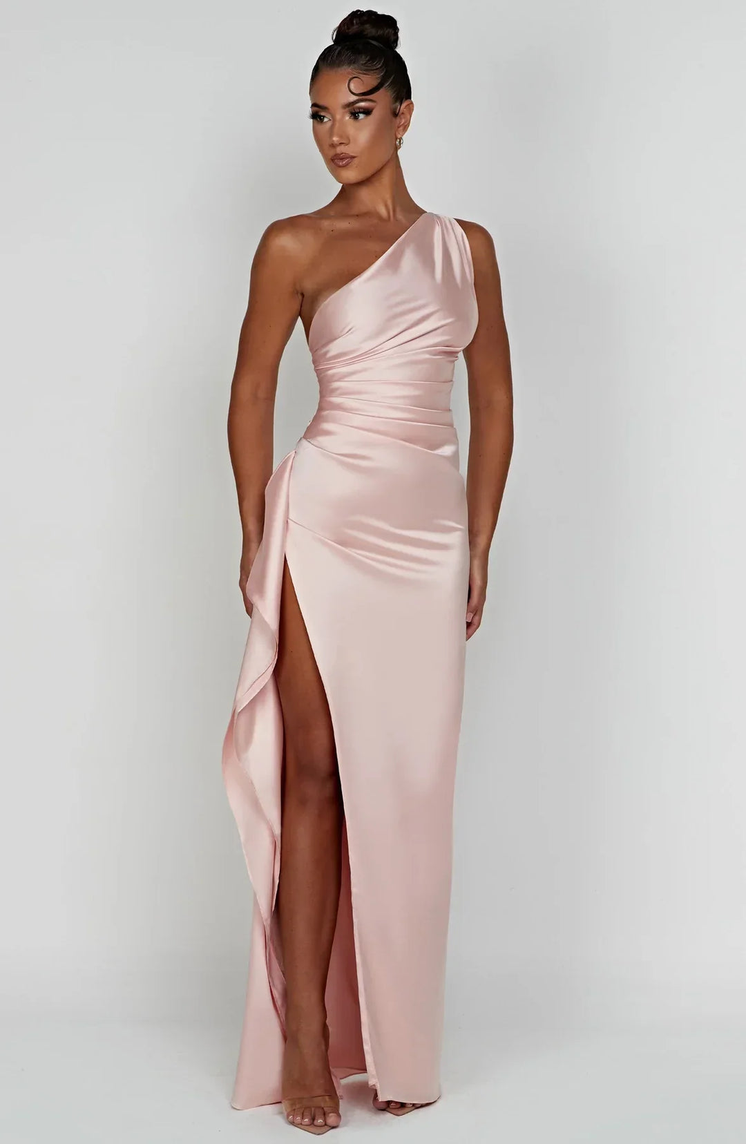 one-shoulder pleated satin dress