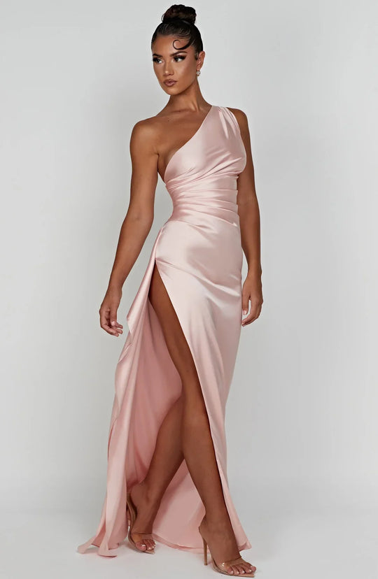 one-shoulder pleated satin dress