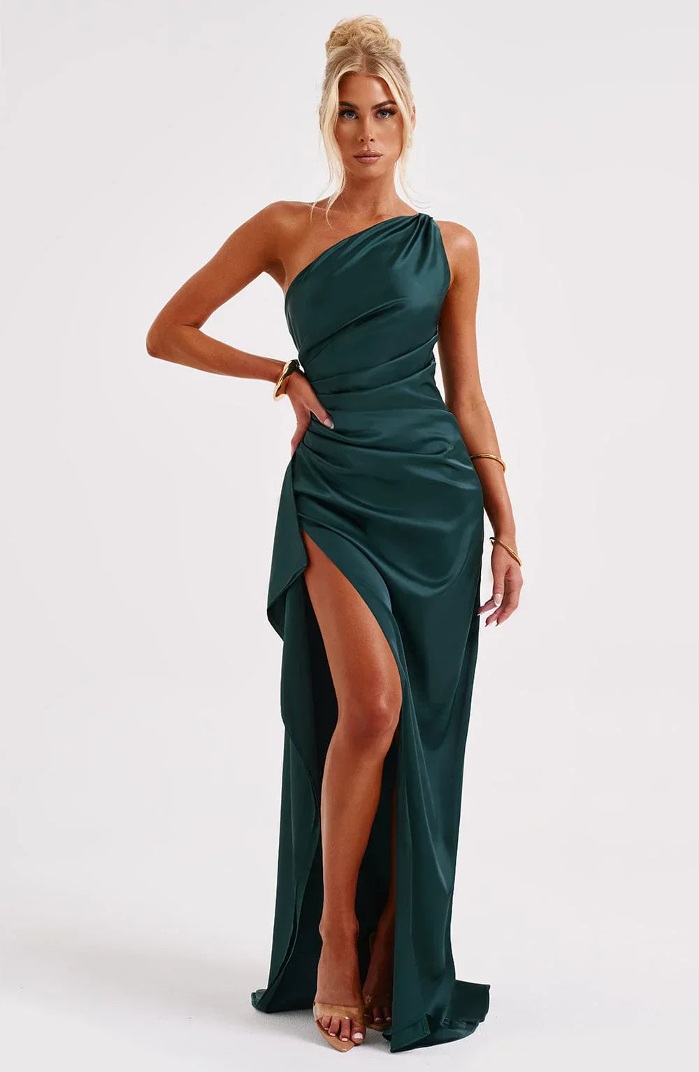 one-shoulder pleated satin dress