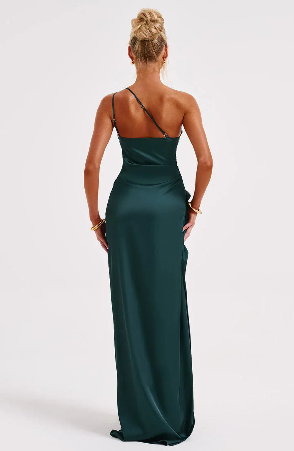 one-shoulder pleated satin dress