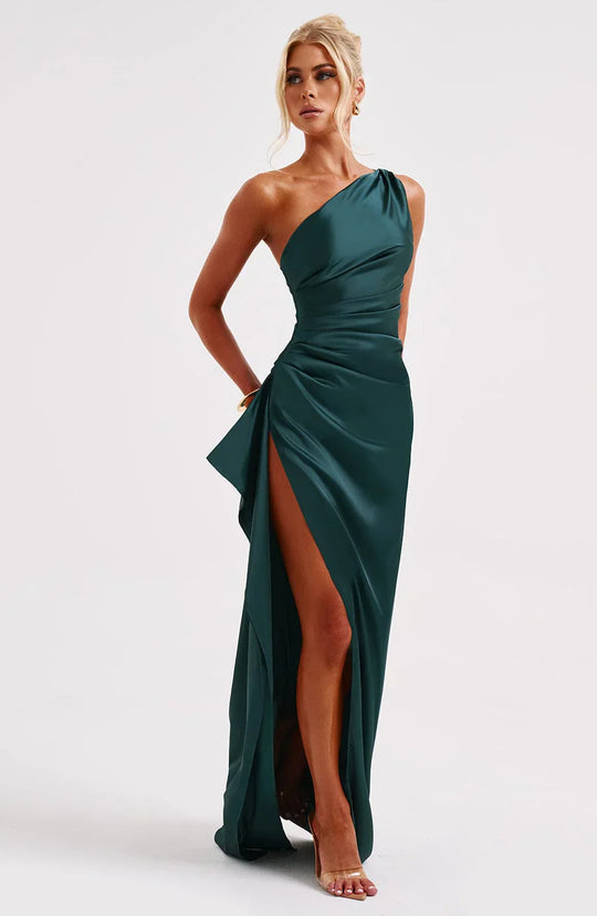 one-shoulder pleated satin dress