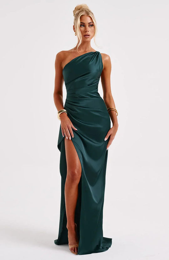 one-shoulder pleated satin dress