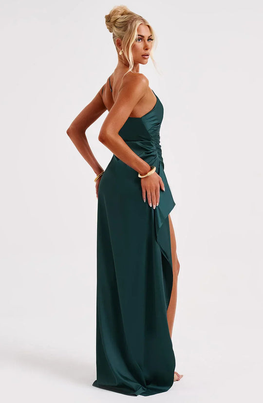 one-shoulder pleated satin dress