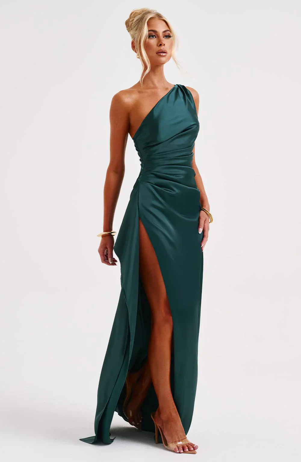 one-shoulder pleated satin dress