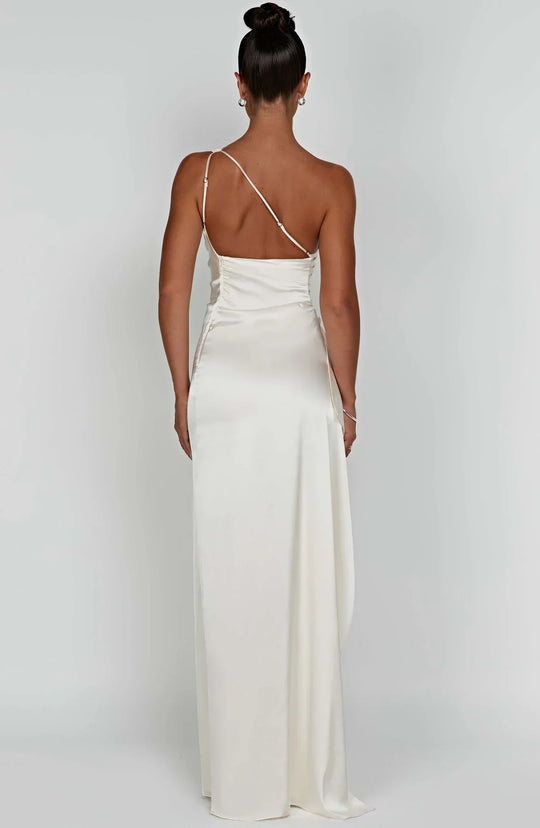 one-shoulder pleated satin dress