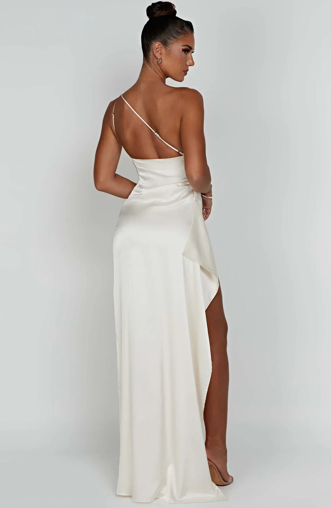 one-shoulder pleated satin dress