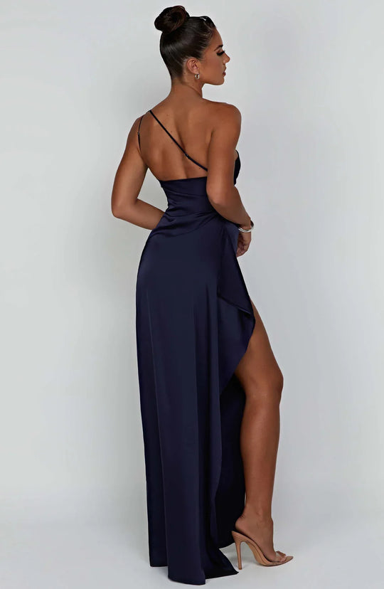 one-shoulder pleated satin dress