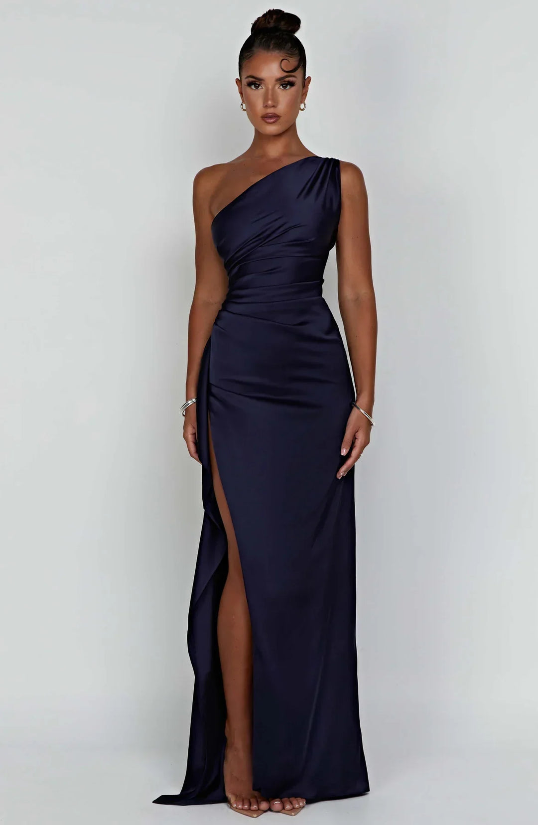 one-shoulder pleated satin dress