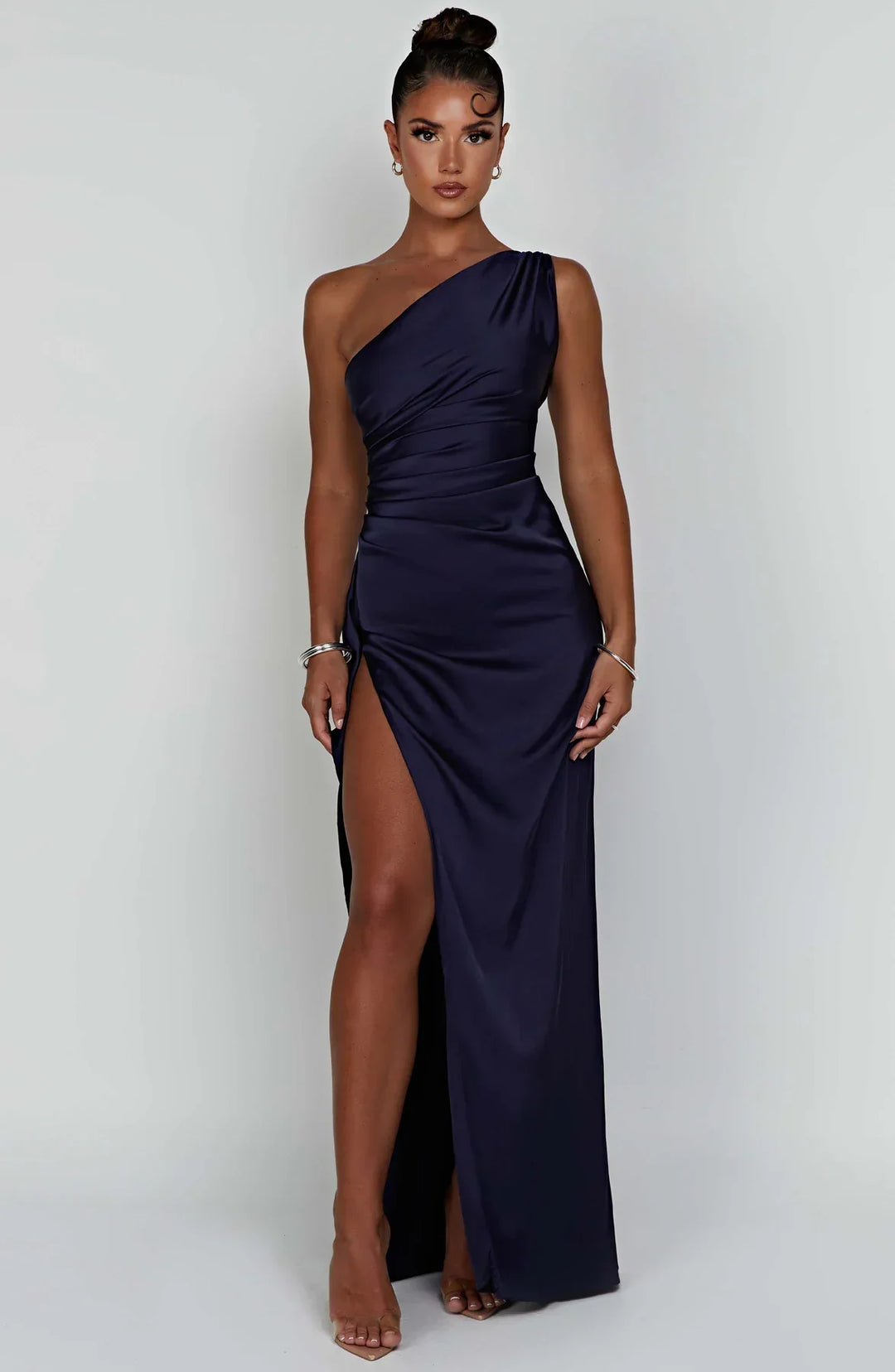 one-shoulder pleated satin dress