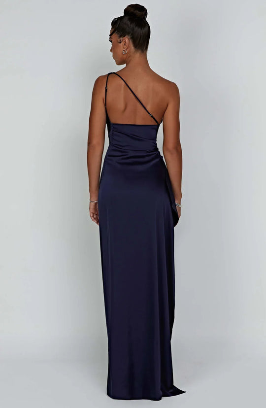 one-shoulder pleated satin dress