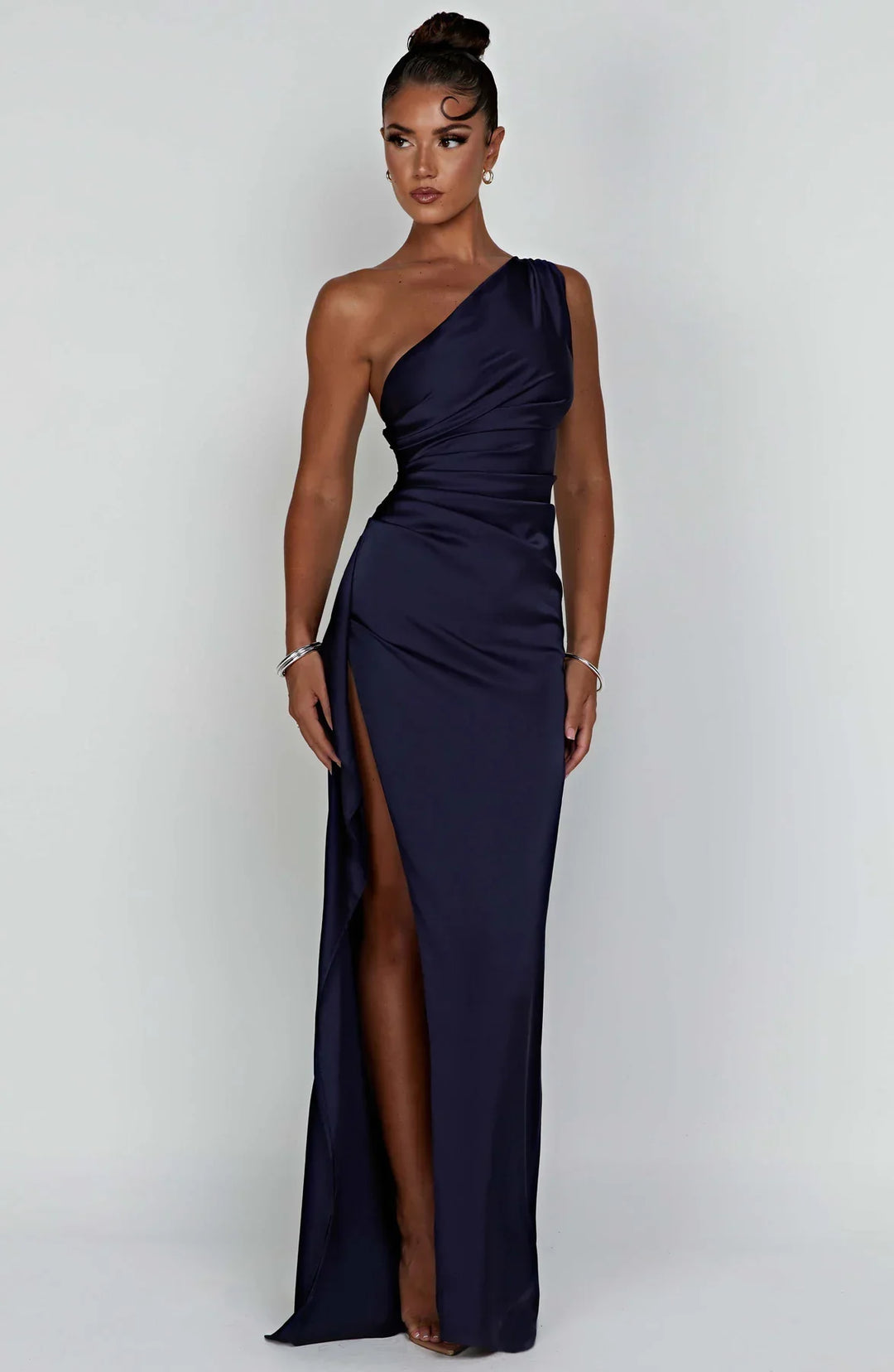 one-shoulder pleated satin dress