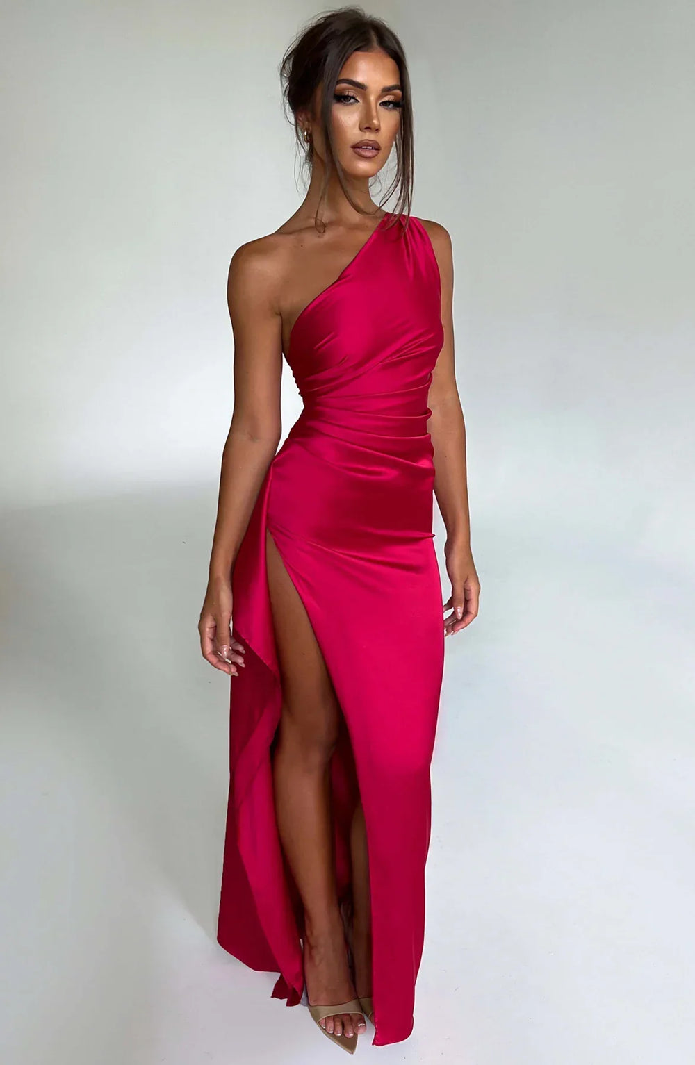 one-shoulder pleated satin dress