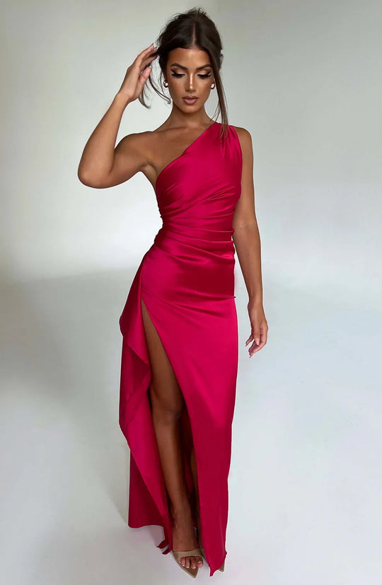 one-shoulder pleated satin dress